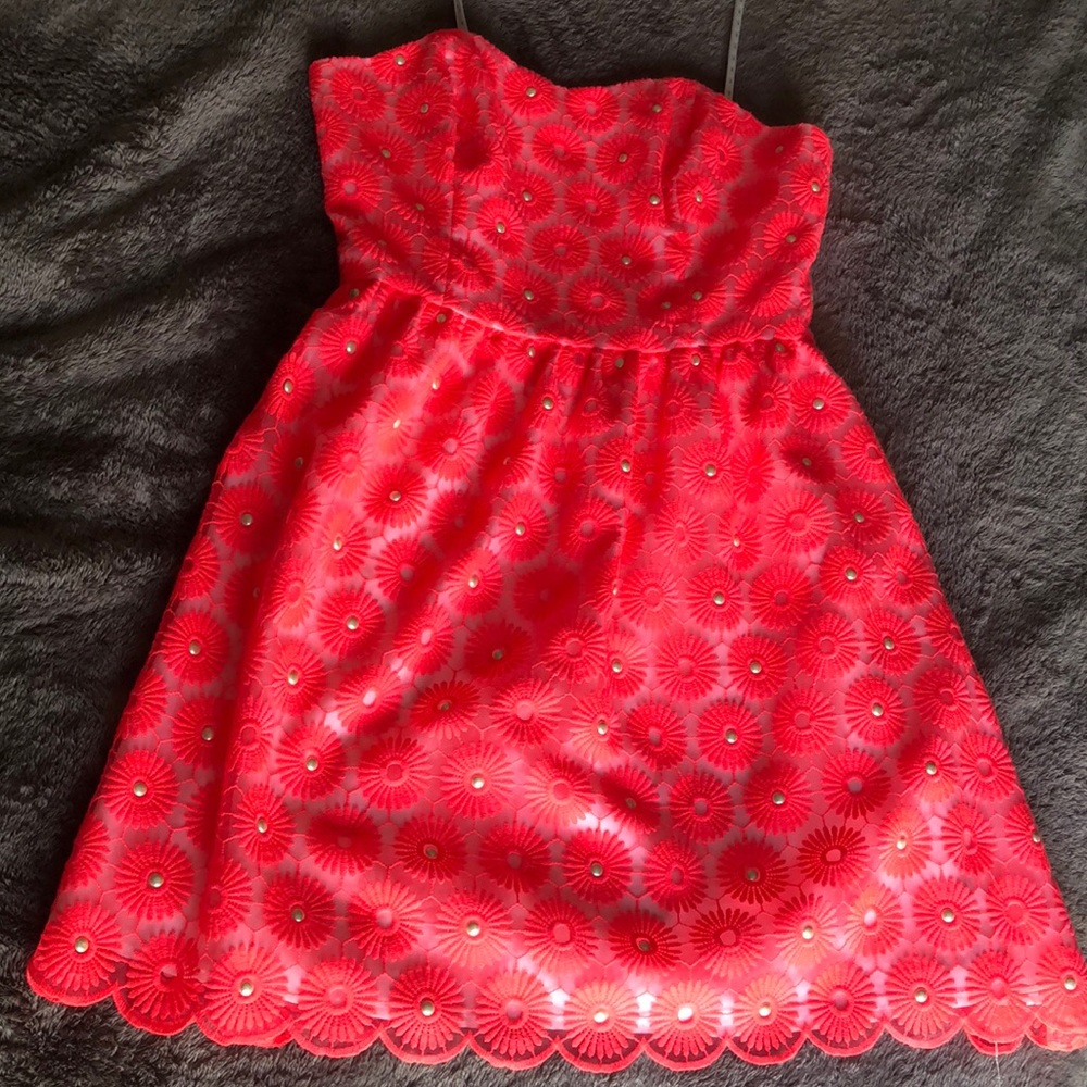 Strapless Lilly Pulitzer neon coral dress